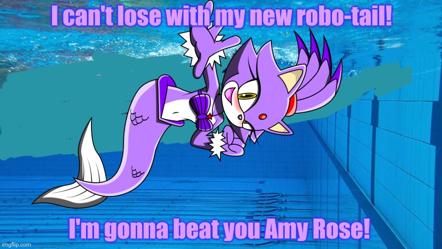 Blaze the Cat tries out for the summer Olympics! | I can't lose with my new robo-tail! I'm gonna beat you Amy Rose! | image tagged in blaze the cat,olympics,swimming,sports,sonic the hedgehog | made w/ Imgflip meme maker