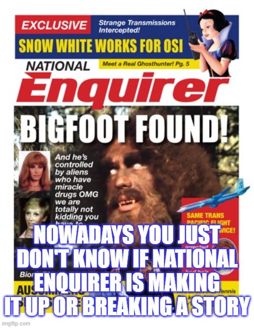 National Enquirer Bigfoot | NOWADAYS YOU JUST DON'T KNOW IF NATIONAL ENQUIRER IS MAKING IT UP OR BREAKING A STORY | image tagged in national enquirer bigfoot | made w/ Imgflip meme maker