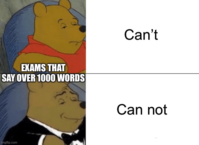 Is this just me? | Can’t; EXAMS THAT SAY OVER 1000 WORDS; Can not | image tagged in memes,tuxedo winnie the pooh | made w/ Imgflip meme maker