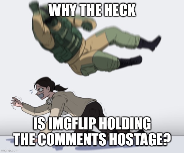 Rainbow Six - Fuze The Hostage | WHY THE HECK; IS IMGFLIP HOLDING THE COMMENTS HOSTAGE? | image tagged in rainbow six - fuze the hostage | made w/ Imgflip meme maker