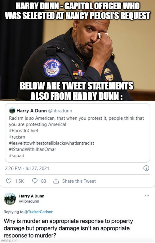 Genuine or Radical? | HARRY DUNN - CAPITOL OFFICER WHO WAS SELECTED AT NANCY PELOSI'S REQUEST; BELOW ARE TWEET STATEMENTS ALSO FROM HARRY DUNN : | image tagged in harry dunn,capitol,jan 6,pelosi,biden,democrats | made w/ Imgflip meme maker