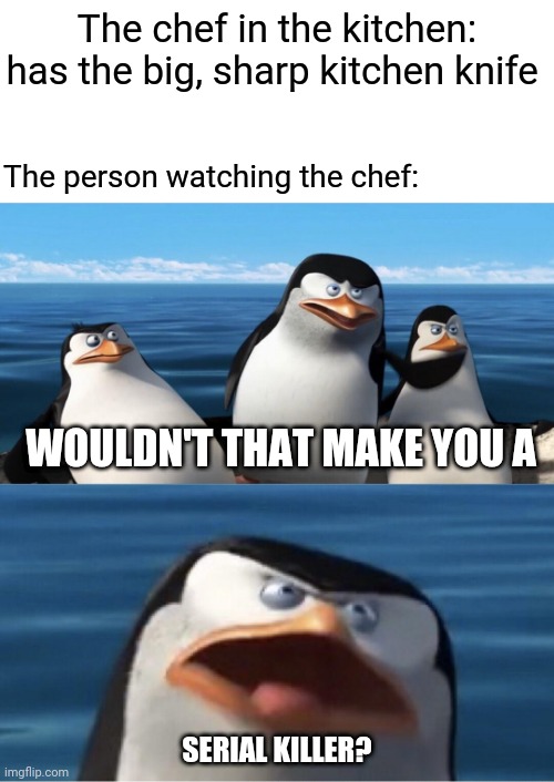 Big sharp kitchen knife | The chef in the kitchen: has the big, sharp kitchen knife; The person watching the chef:; WOULDN'T THAT MAKE YOU A; SERIAL KILLER? | image tagged in wouldn't that make you,dark humor,memes,meme,serial killer,knife | made w/ Imgflip meme maker