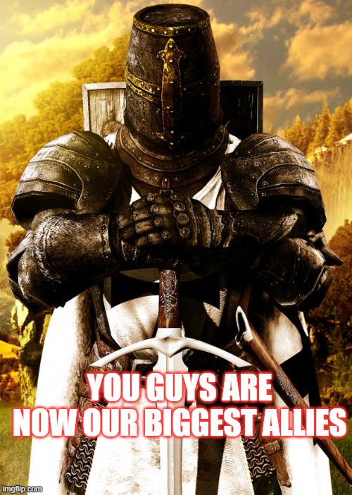 Crusader | YOU GUYS ARE NOW OUR BIGGEST ALLIES | image tagged in crusader | made w/ Imgflip meme maker