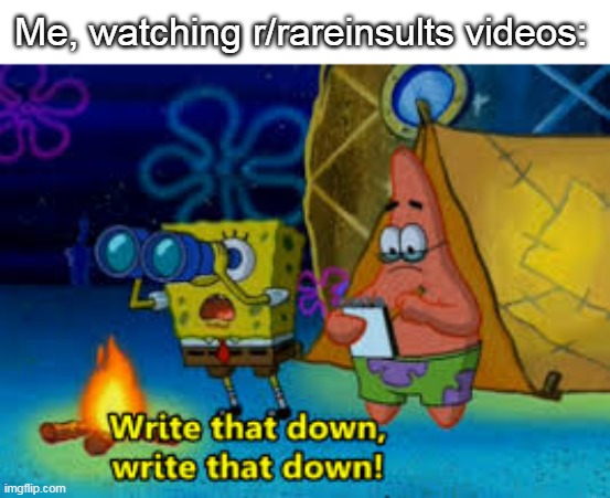 You Filthy C#m Dumpster! | Me, watching r/rareinsults videos: | image tagged in write that down | made w/ Imgflip meme maker