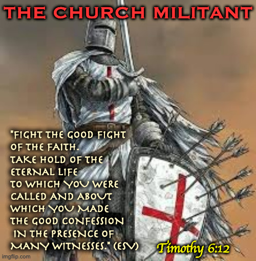 Fighting the Good Fight | THE CHURCH MILITANT; "FIGHT THE GOOD FIGHT 
OF THE FAITH. 
TAKE HOLD OF THE 
ETERNAL LIFE 
TO WHICH YOU WERE 
CALLED AND ABOUT 
WHICH YOU MADE 
THE GOOD CONFESSION
 IN THE PRESENCE OF 
MANY WITNESSES." (ESV); Timothy 6:12 | image tagged in crusade | made w/ Imgflip meme maker