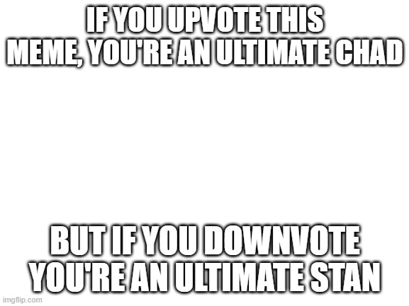 Let's see if this can get to the front page | IF YOU UPVOTE THIS MEME, YOU'RE AN ULTIMATE CHAD; BUT IF YOU DOWNVOTE YOU'RE AN ULTIMATE STAN | image tagged in blank white template,upvote,downvote,chad,stan | made w/ Imgflip meme maker