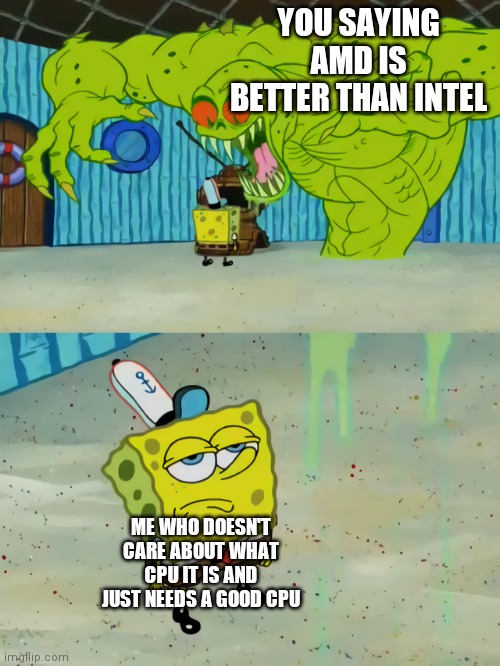 Ghost not scaring Spongebob | YOU SAYING AMD IS BETTER THAN INTEL ME WHO DOESN'T CARE ABOUT WHAT CPU IT IS AND JUST NEEDS A GOOD CPU | image tagged in ghost not scaring spongebob | made w/ Imgflip meme maker