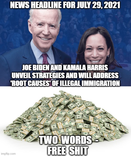 No Strategy Here... | NEWS HEADLINE FOR JULY 29, 2021; JOE BIDEN AND KAMALA HARRIS UNVEIL STRATEGIES AND WILL ADDRESS 'ROOT CAUSES' OF ILLEGAL IMMIGRATION; TWO  WORDS  -
 FREE  SHIT | image tagged in kamala,joe biden,liberals,illegal immigration,democrats,border | made w/ Imgflip meme maker