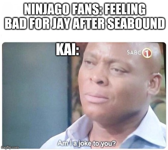 He Was Affected Too Guys! It Was His Flippin Sister! | NINJAGO FANS: FEELING BAD FOR JAY AFTER SEABOUND; KAI: | image tagged in am i a joke to you,sad,kai,ninjago | made w/ Imgflip meme maker