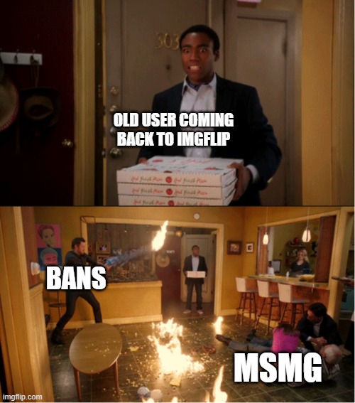 A lot has changed | OLD USER COMING BACK TO IMGFLIP; BANS; MSMG | image tagged in community fire pizza meme | made w/ Imgflip meme maker