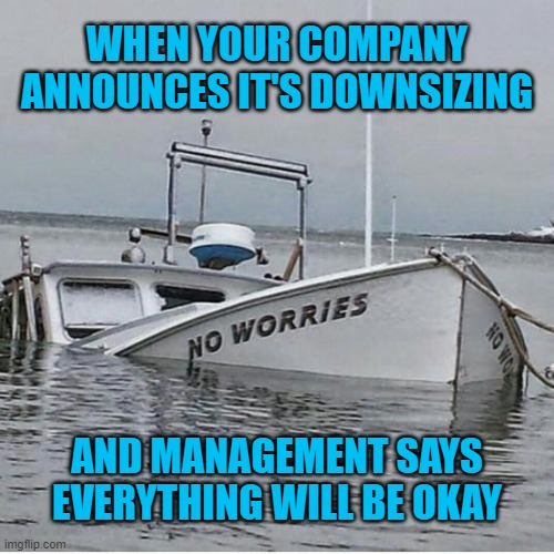 Your job may be downsized, but don't worry. |  WHEN YOUR COMPANY ANNOUNCES IT'S DOWNSIZING; AND MANAGEMENT SAYS EVERYTHING WILL BE OKAY | image tagged in no worries,memes,management,downsizing,layoffs,worry | made w/ Imgflip meme maker