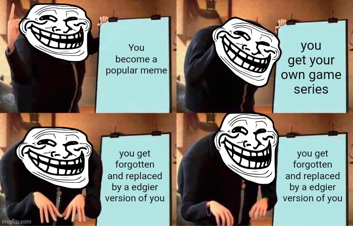 Trollface | You become a popular meme; you get your own game series; you get forgotten and replaced by a edgier version of you; you get forgotten and replaced by a edgier version of you | image tagged in memes,gru's plan | made w/ Imgflip meme maker