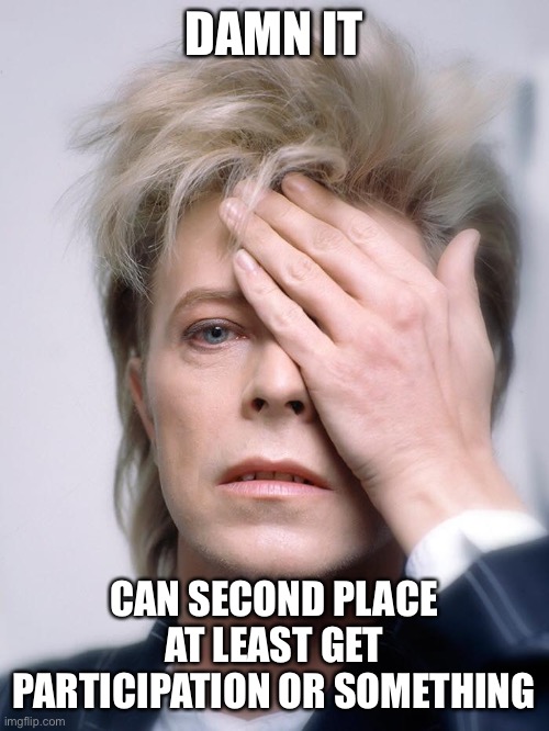Bowie damn it | DAMN IT CAN SECOND PLACE AT LEAST GET PARTICIPATION OR SOMETHING | image tagged in bowie damn it | made w/ Imgflip meme maker