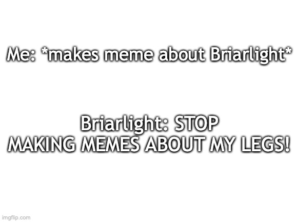 briarlight | Me: *makes meme about Briarlight*; Briarlight: STOP MAKING MEMES ABOUT MY LEGS! | image tagged in blank white template | made w/ Imgflip meme maker