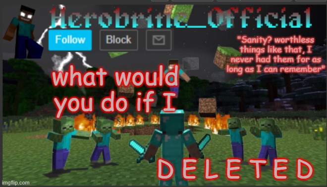 Herobrine_official | what would you do if I; D E L E T E D | image tagged in herobrine_official | made w/ Imgflip meme maker