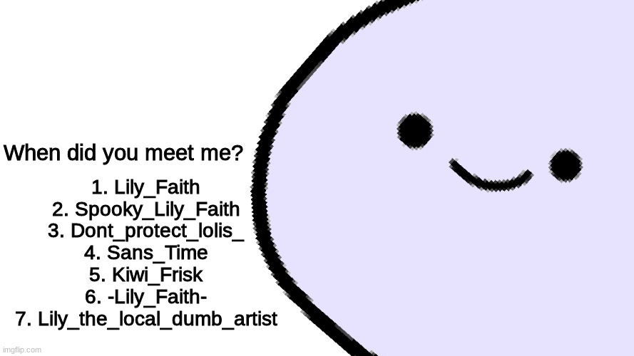 Hector says | When did you meet me? 1. Lily_Faith
2. Spooky_Lily_Faith
3. Dont_protect_lolis_
4. Sans_Time
5. Kiwi_Frisk
6. -Lily_Faith-
7. Lily_the_local_dumb_artist | image tagged in hector says | made w/ Imgflip meme maker