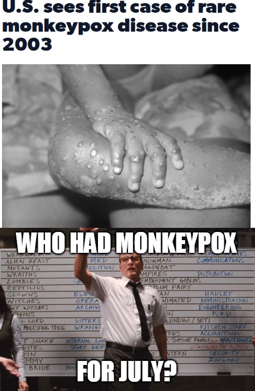 WHO HAD MONKEYPOX; FOR JULY? | image tagged in cabin the the woods,memes,monkeypox | made w/ Imgflip meme maker