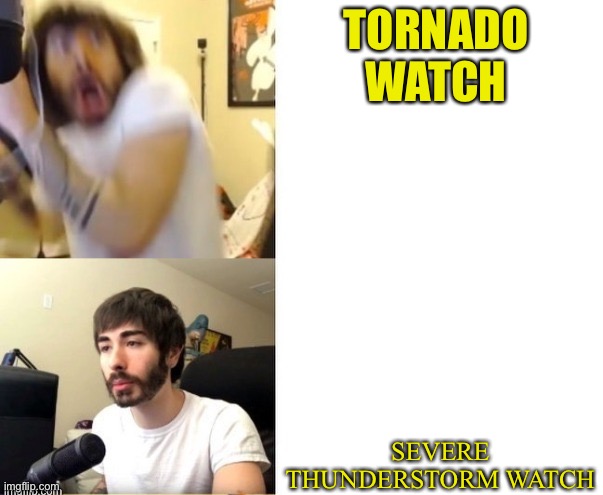 tornado | TORNADO WATCH; SEVERE THUNDERSTORM WATCH | image tagged in scared guy then chill guy | made w/ Imgflip meme maker