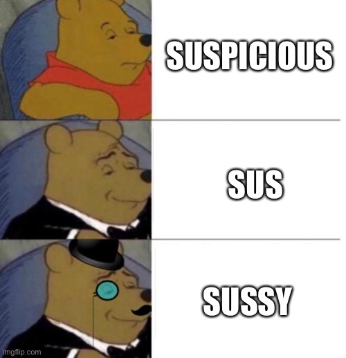 Dead among us meme the sequel | SUSPICIOUS; SUS; SUSSY | image tagged in tuxedo winnie the pooh 3 panel | made w/ Imgflip meme maker