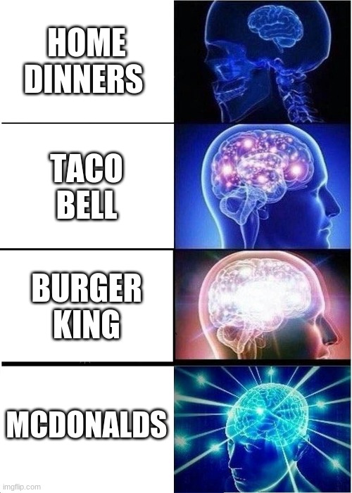 Expanding Brain Meme | HOME DINNERS; TACO BELL; BURGER KING; MCDONALDS | image tagged in memes,expanding brain | made w/ Imgflip meme maker