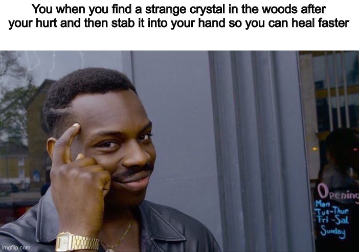 Wait a minute….. | You when you find a strange crystal in the woods after your hurt and then stab it into your hand so you can heal faster | image tagged in memes,roll safe think about it | made w/ Imgflip meme maker