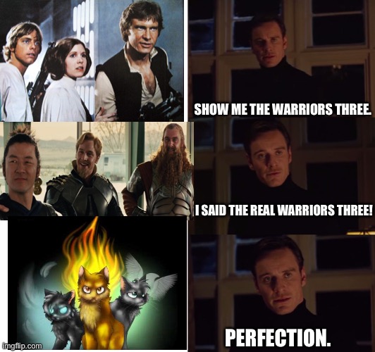They are the Three | SHOW ME THE WARRIORS THREE. I SAID THE REAL WARRIORS THREE! PERFECTION. | image tagged in perfection | made w/ Imgflip meme maker