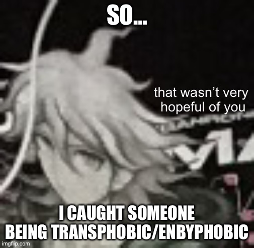 idk if they’re being serious or not but still | SO…; I CAUGHT SOMEONE BEING TRANSPHOBIC/ENBYPHOBIC | image tagged in that wasn t very hopeful of you | made w/ Imgflip meme maker