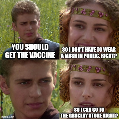 mask right groceries right | YOU SHOULD GET THE VACCINE; SO I DON'T HAVE TO WEAR A MASK IN PUBLIC, RIGHT? SO I CAN GO TO THE GROCERY STORE RIGHT? | image tagged in anakin padme 4 panel | made w/ Imgflip meme maker
