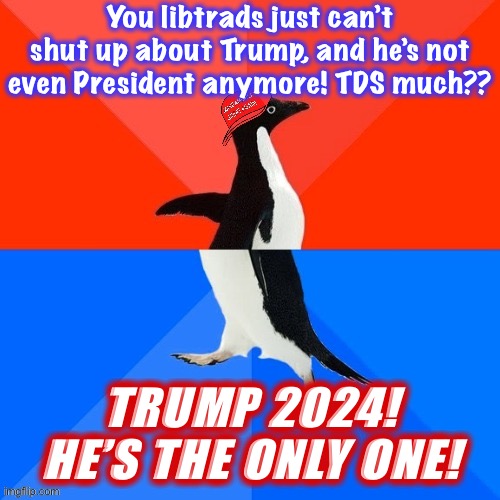 Things that make you go hmmm | You libtrads just can’t shut up about Trump, and he’s not even President anymore! TDS much?? TRUMP 2024! HE’S THE ONLY ONE! | image tagged in socially awesome awkward penguin maga hat,conservative hypocrisy,conservative logic,maga,trump 2024,libtrads | made w/ Imgflip meme maker