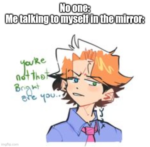 S h i t p o s t  t i m e | No one:

Me talking to myself in the mirror: | made w/ Imgflip meme maker