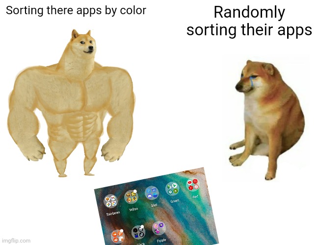 Buff Doge vs. Cheems | Sorting there apps by color; Randomly sorting their apps | image tagged in memes,buff doge vs cheems | made w/ Imgflip meme maker