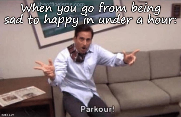 parkour! | When you go from being sad to happy in under a hour: | image tagged in parkour | made w/ Imgflip meme maker