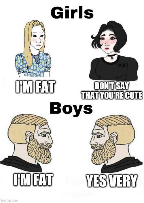 Girls vs Boys | DON'T SAY THAT YOU'RE CUTE; I'M FAT; YES VERY; I'M FAT | image tagged in girls vs boys,boys vs girls | made w/ Imgflip meme maker