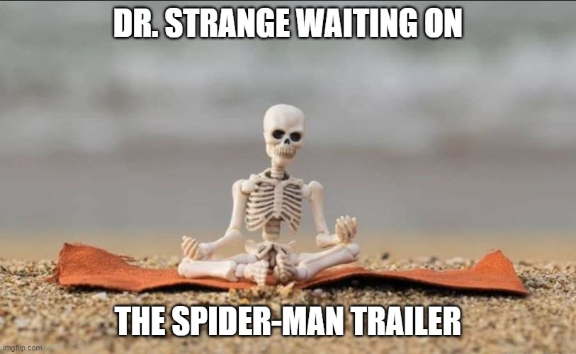Dr Strange waiting on Spider-Man trailer | DR. STRANGE WAITING ON; THE SPIDER-MAN TRAILER | image tagged in bonesmcu,dr strange,spider-man | made w/ Imgflip meme maker