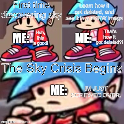 How it got me into the sky crisis: | First time discovering sky; Learn how it got deleted, and see it in a NSFW image; That's how it got deleted?! ME:; ME:; Huh, this is good! The Sky Crisis Begins; IM JUST SCREWED OVER. ME: | image tagged in boyfriend realization,fnf,sky,sky crisis,ignore and avoid | made w/ Imgflip meme maker