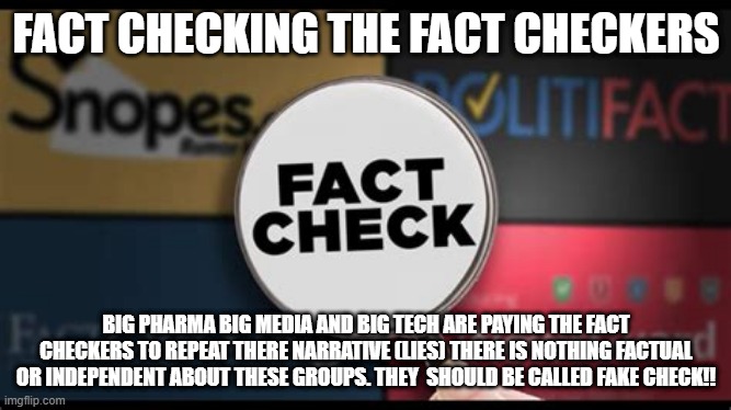 Fake checkers | FACT CHECKING THE FACT CHECKERS; BIG PHARMA BIG MEDIA AND BIG TECH ARE PAYING THE FACT CHECKERS TO REPEAT THERE NARRATIVE (LIES) THERE IS NOTHING FACTUAL OR INDEPENDENT ABOUT THESE GROUPS. THEY  SHOULD BE CALLED FAKE CHECK!! | image tagged in fake checkers | made w/ Imgflip meme maker
