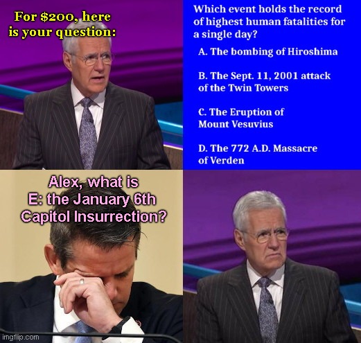 Adam Kinzinger does Jeopardy | For $200, here is your question:; Alex, what is
E: the January 6th 
Capitol Insurrection? | image tagged in adam kinzinger,rino,january 6,hyperbole,cry baby,jeopardy | made w/ Imgflip meme maker