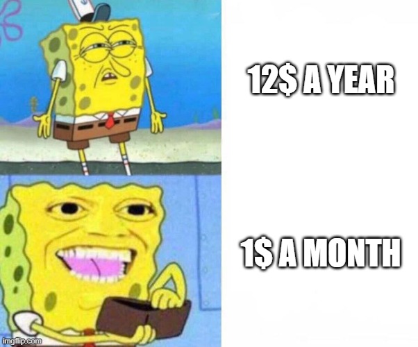 Prices | 12$ A YEAR; 1$ A MONTH | image tagged in sponge bob wallet | made w/ Imgflip meme maker