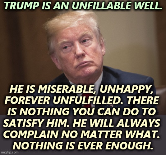 One sick puppy dragging down the whole country with him. | TRUMP IS AN UNFILLABLE WELL. HE IS MISERABLE, UNHAPPY, 
FOREVER UNFULFILLED. THERE 
IS NOTHING YOU CAN DO TO 
SATISFY HIM. HE WILL ALWAYS 
COMPLAIN NO MATTER WHAT. 
NOTHING IS EVER ENOUGH. | image tagged in trump unhappy,always,unhappy,complaining,forever | made w/ Imgflip meme maker