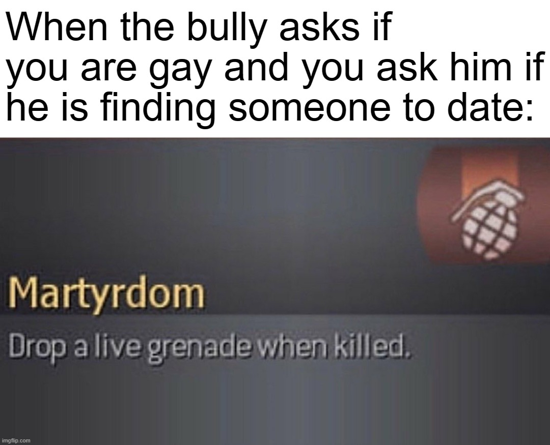 Martydom | When the bully asks if you are gay and you ask him if he is finding someone to date: | image tagged in memes,martyrdom,you just got vectored | made w/ Imgflip meme maker