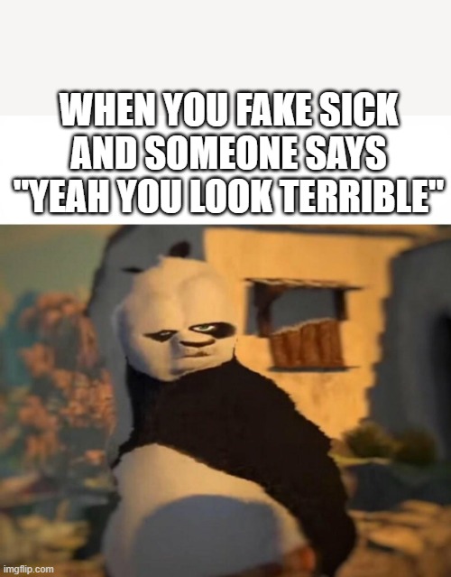 Kung Fu Panda Distorted Meme | WHEN YOU FAKE SICK AND SOMEONE SAYS "YEAH YOU LOOK TERRIBLE" | image tagged in kung fu panda distorted meme | made w/ Imgflip meme maker