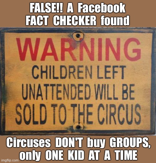 Without Facebook, how could we know the TRUTH?? | FALSE!!  A  Facebook
FACT  CHECKER  found; Circuses  DON'T  buy  GROUPS,
only  ONE  KID  AT  A  TIME | image tagged in facebook,fact check,rick75230,dark humor | made w/ Imgflip meme maker