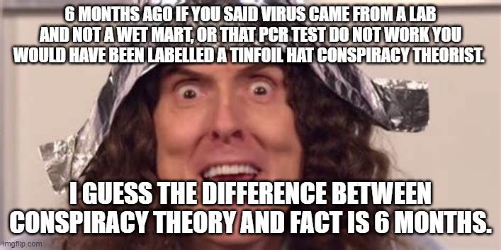 Tinfoil hat | 6 MONTHS AGO IF YOU SAID VIRUS CAME FROM A LAB AND NOT A WET MART, OR THAT PCR TEST DO NOT WORK YOU WOULD HAVE BEEN LABELLED A TINFOIL HAT CONSPIRACY THEORIST. I GUESS THE DIFFERENCE BETWEEN CONSPIRACY THEORY AND FACT IS 6 MONTHS. | image tagged in tinfoil hat | made w/ Imgflip meme maker