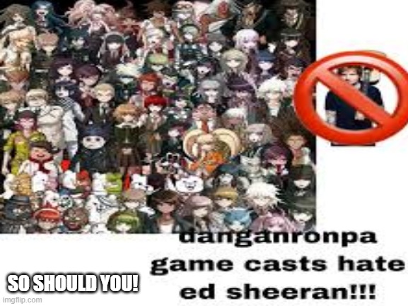 *insert danganronpa character here* Hates Ed Sheeran. SO SHOULD YOU! [GRAND FINALE! 11/11] | SO SHOULD YOU! | image tagged in ed sheeran,danganronpa,so should you | made w/ Imgflip meme maker