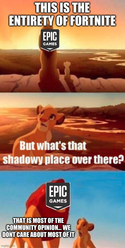 idk why I made this | THIS IS THE ENTIRETY OF FORTNITE; THAT IS MOST OF THE COMMUNITY OPINION... WE DONT CARE ABOUT MOST OF IT | image tagged in memes,simba shadowy place | made w/ Imgflip meme maker