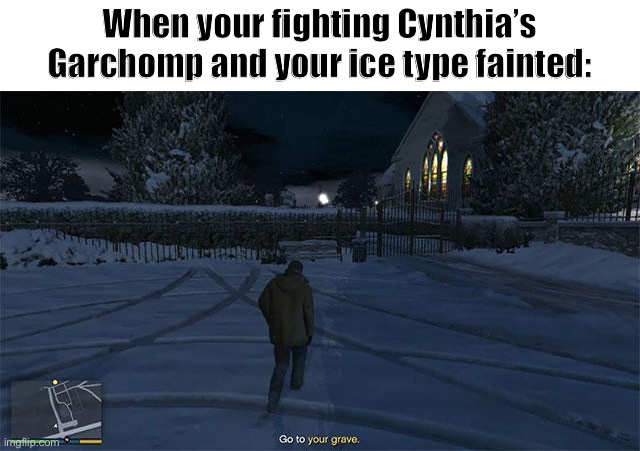 No Garchomps are allowed at my funeral | When your fighting Cynthia’s Garchomp and your ice type fainted: | image tagged in go to your grave | made w/ Imgflip meme maker
