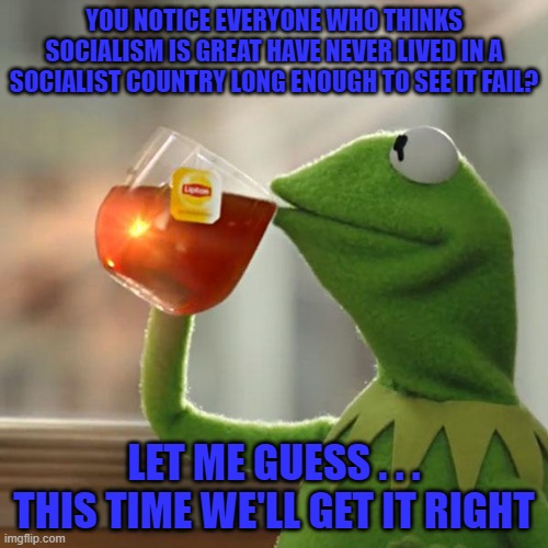 But That's None Of My Business Meme | YOU NOTICE EVERYONE WHO THINKS SOCIALISM IS GREAT HAVE NEVER LIVED IN A SOCIALIST COUNTRY LONG ENOUGH TO SEE IT FAIL? LET ME GUESS . . . THIS TIME WE'LL GET IT RIGHT | image tagged in memes,but that's none of my business,kermit the frog | made w/ Imgflip meme maker