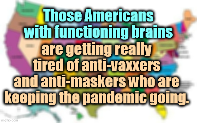 The virus considers you a snack. |  Those Americans with functioning brains; are getting really tired of anti-vaxxers and anti-maskers who are keeping the pandemic going. | image tagged in usa map,science,smart,anti vax,dumb and dumber | made w/ Imgflip meme maker