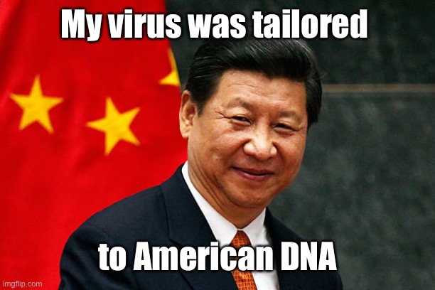 Xi Jinping | My virus was tailored to American DNA | image tagged in xi jinping | made w/ Imgflip meme maker