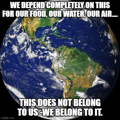 globe | WE DEPEND COMPLETELY ON THIS FOR OUR FOOD, OUR WATER, OUR AIR.... THIS DOES NOT BELONG TO US -WE BELONG TO IT. | image tagged in globe,reality,reality check | made w/ Imgflip meme maker